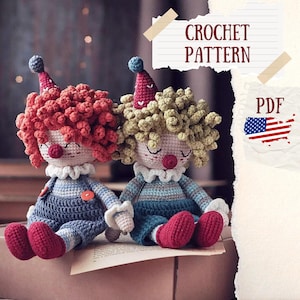 Amigurumi pattern. Clown crochet pattern. Amigurumi doll pattern. Crochet doll pattern. DIY crochet gifts. Handmade crochet toy. Cute clown